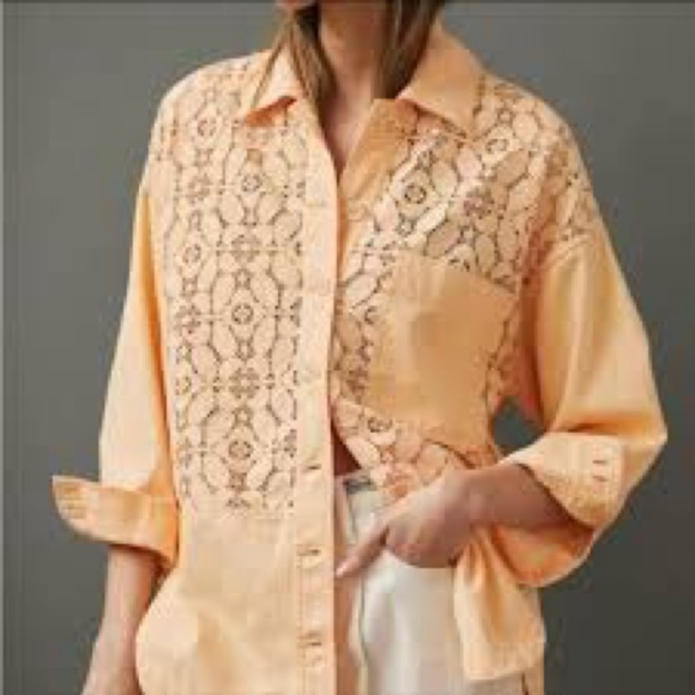 Anthropologie Maeve Lace Shirt Jacket in Peach Sorbet-XL